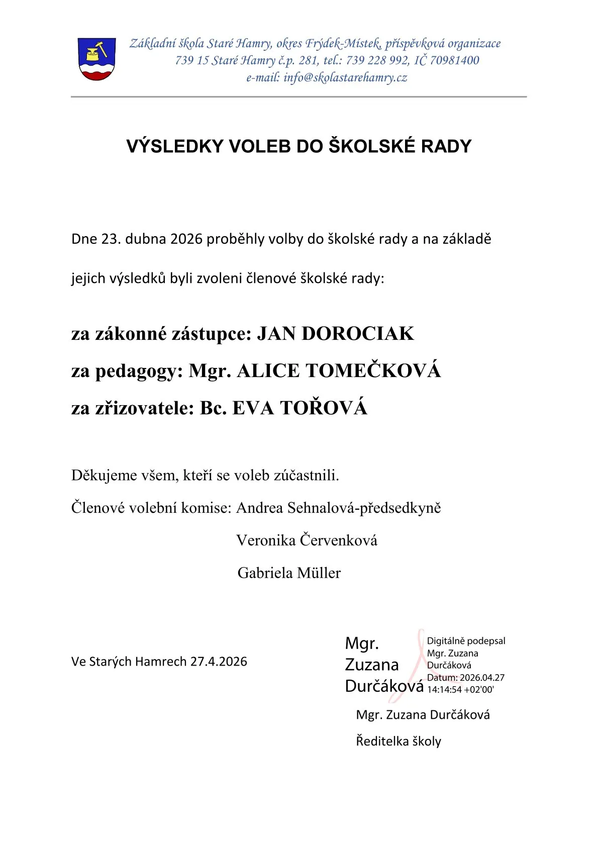 Výsledky voleb do školské rady